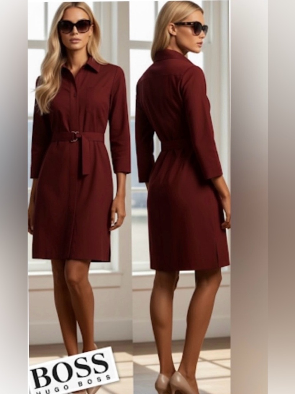 Hugo Boss Women's "Dashina2" 3/4 Sleeve Midi Belted Dress In Burgundy Size 6